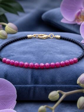 New Black Spinel and Deep Pink Opal Bracelet 14k Yellow Gold Filled , 7"